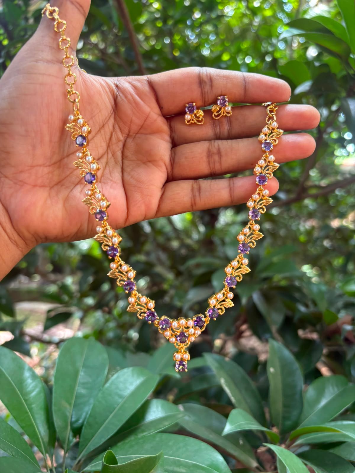 Premium quality one gram gold lavender stone and necklace set