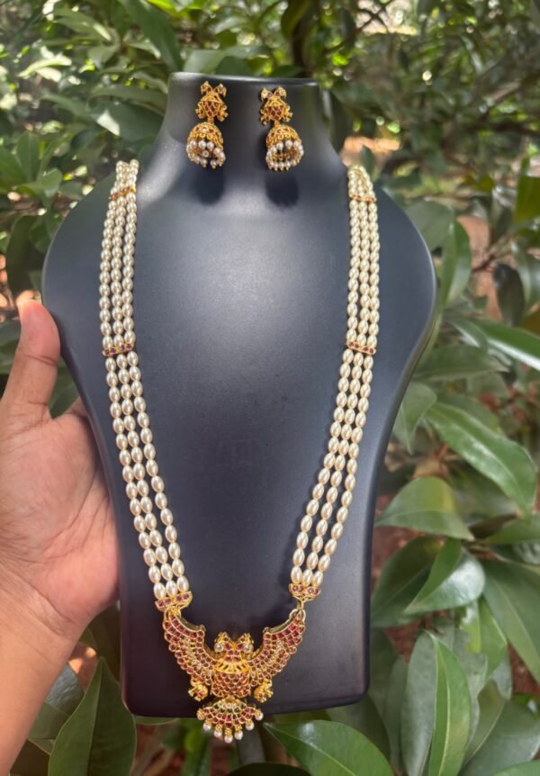 3 Layer Rice Pearl Chain with Kemp, Green & White Stones with jumka
