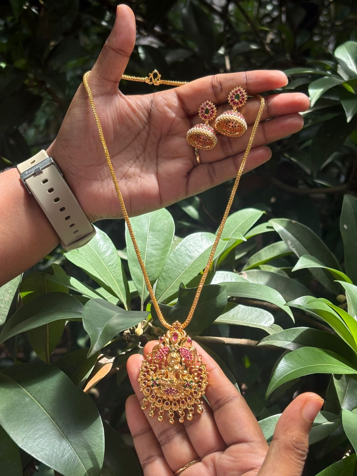 Ruby & Green Kemp Stone Lakshmi Pendant Long Chain With Jumka Combo | One Gram Gold Jewellery