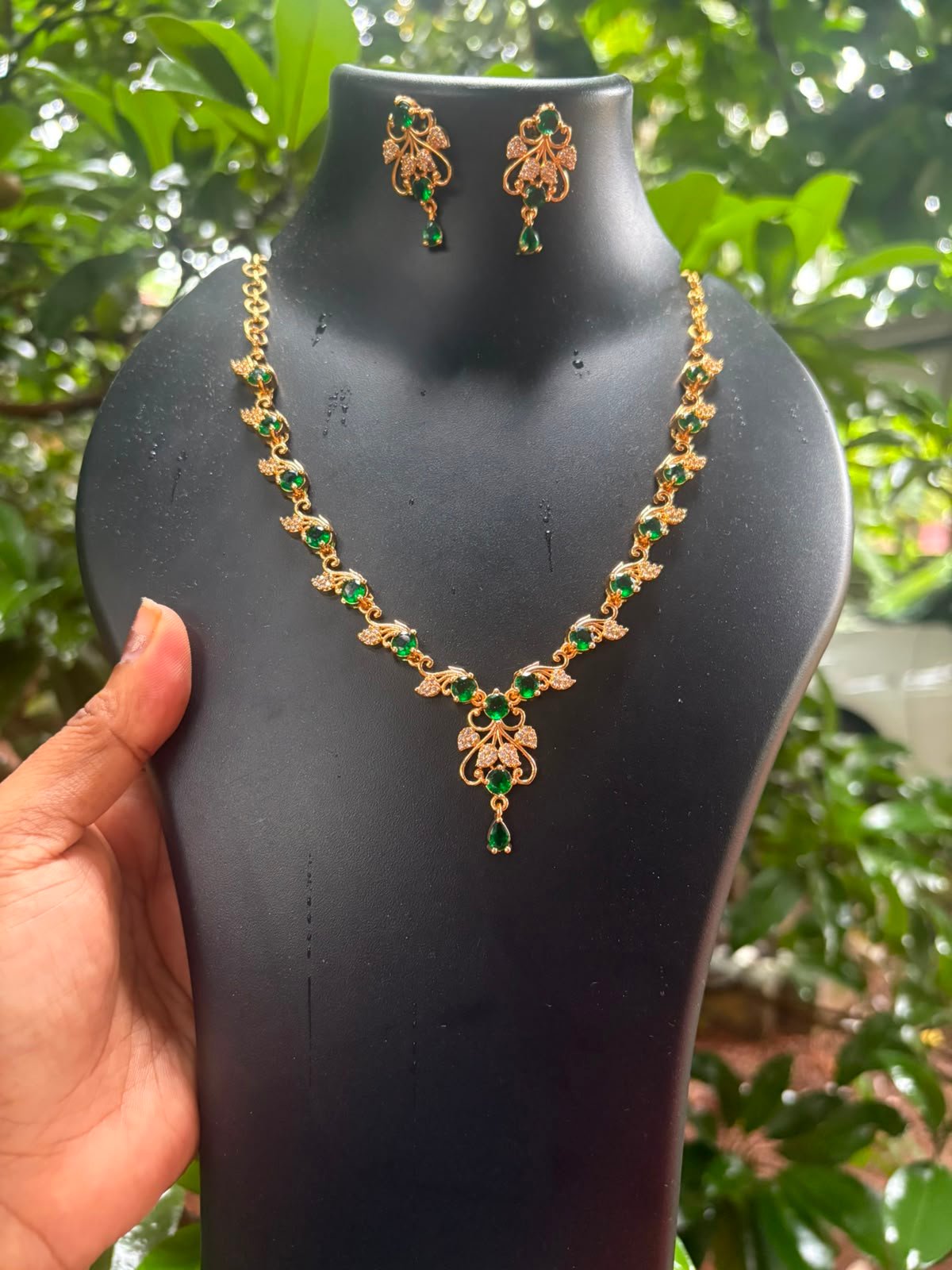 One Gram Gold Plated Emerald Green Stone Necklace Set with Matching Earrings