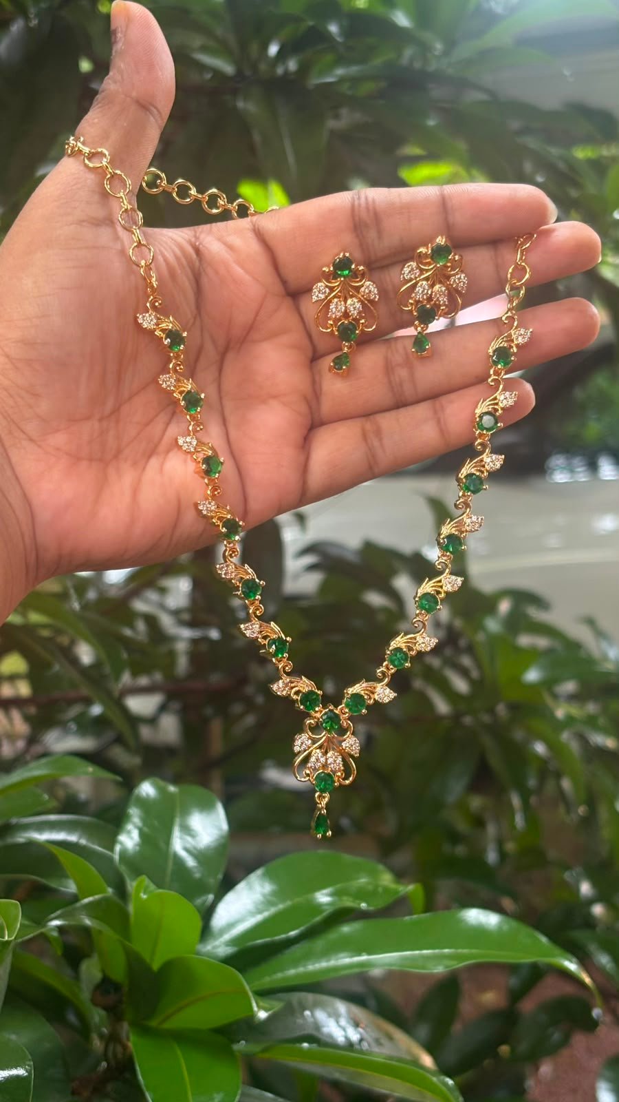 One Gram Gold Plated Emerald Green Stone Necklace Set with Matching Earrings