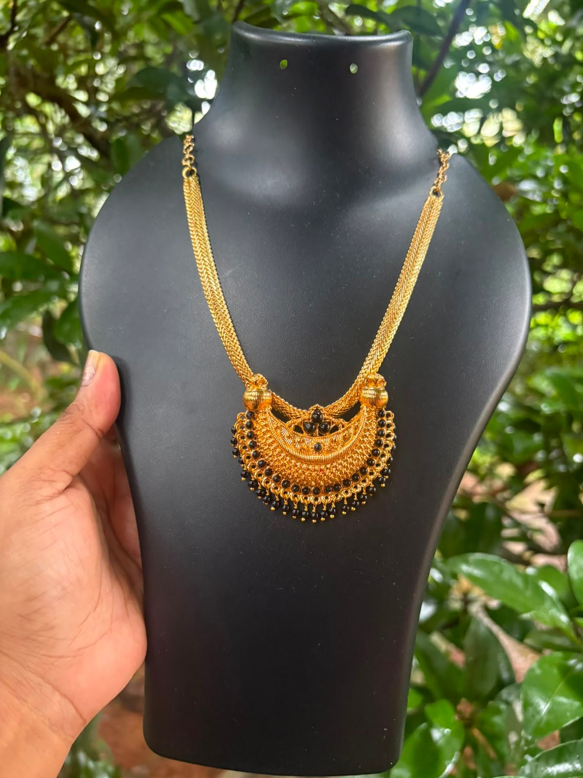 One Gram Gold Plated Coorgi Style Black Pendant Chain – 20 Inch
