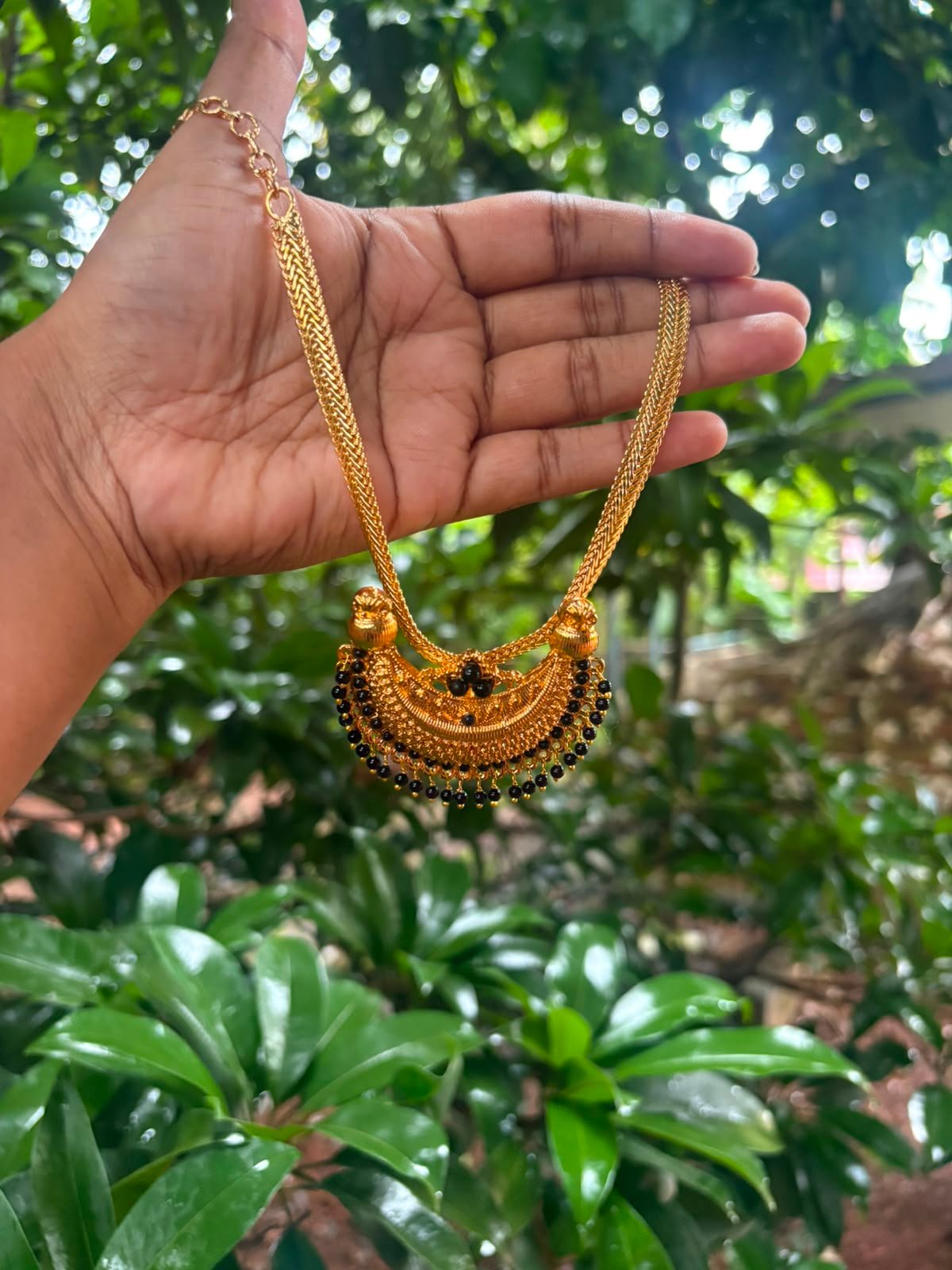 One Gram Gold Plated Coorgi Style Black Pendant Chain – 20 Inch