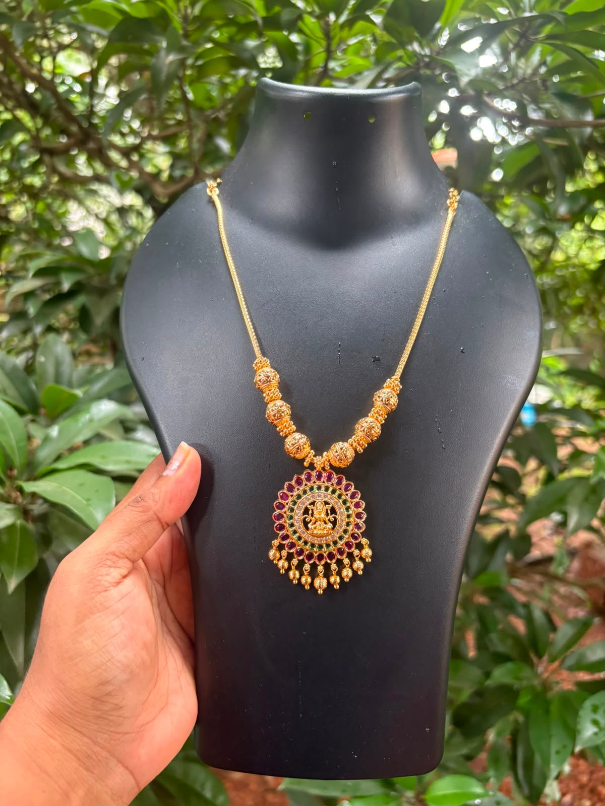 One Gram Gold Plated Lakshmi Temple Pendant Chain with Ruby & Green Stones | 20 Inch