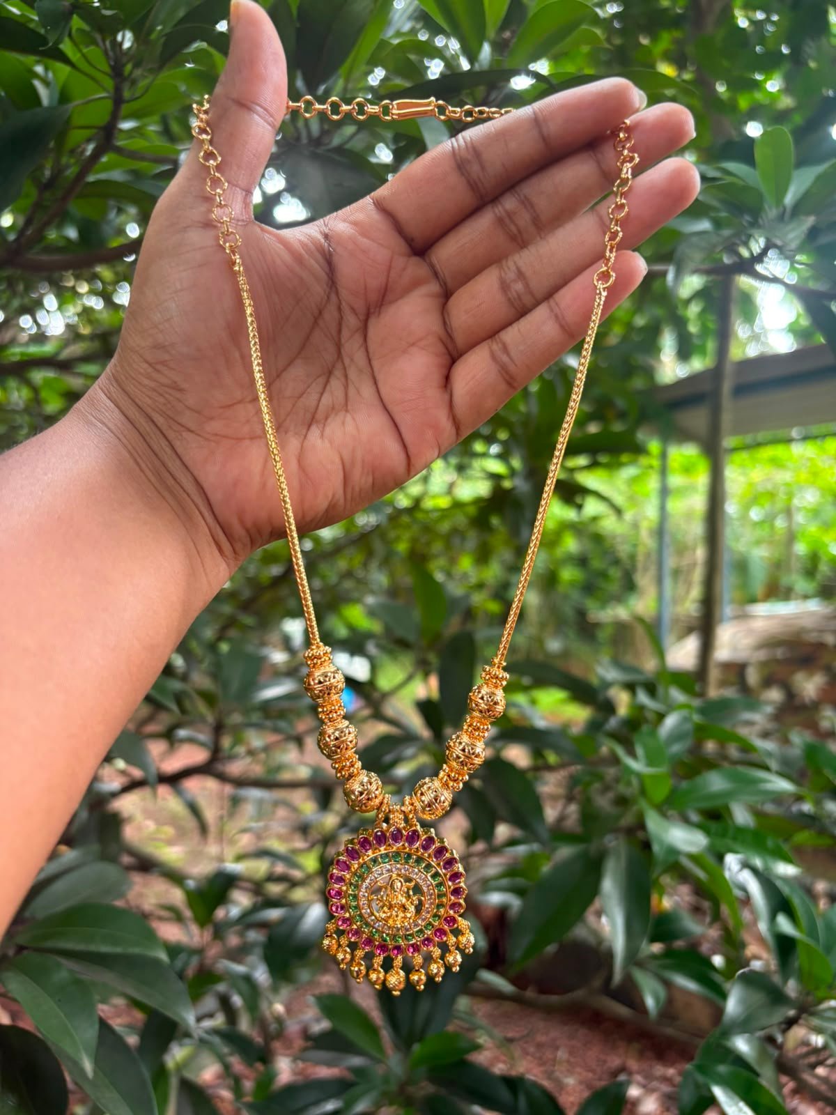 One Gram Gold Plated Lakshmi Temple Pendant Chain with Ruby & Green Stones | 20 Inch