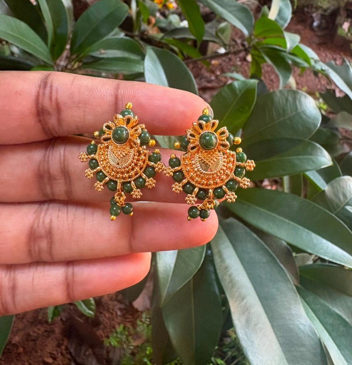 One Gram Gold Plated Green Beads(Jeda)Stud Earrings
