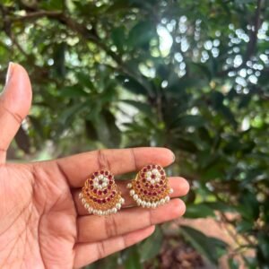 One Gram Gold Plated Panchaloha Stud Earrings with Pearl Hangings