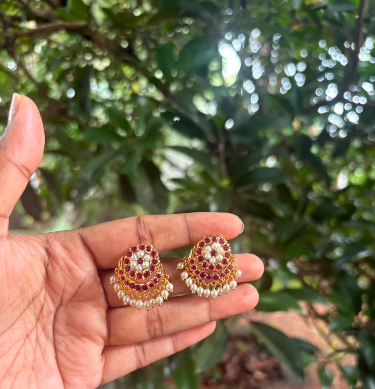 One Gram Gold Plated Panchaloha Stud Earrings with Pearl Hangings