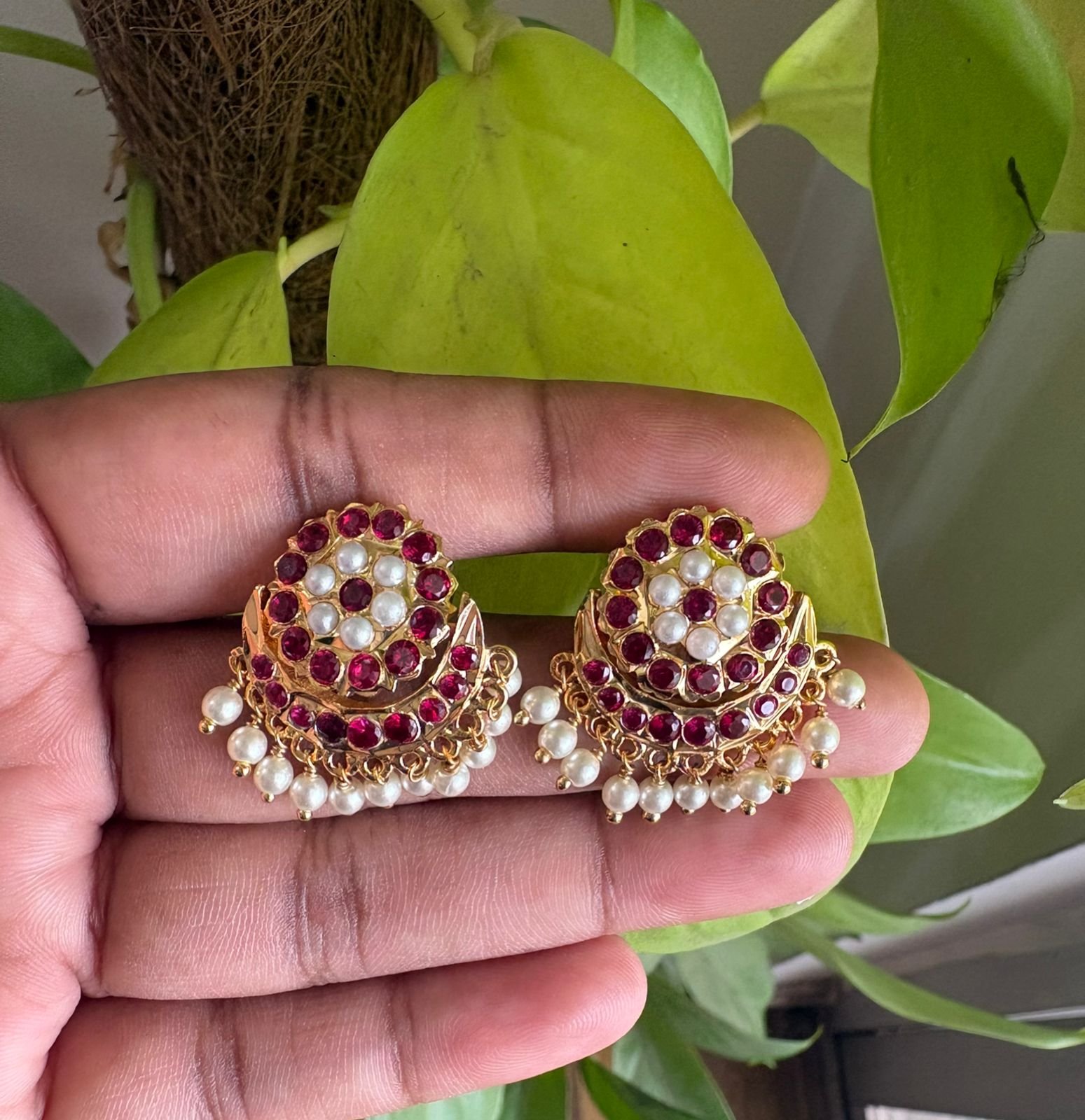 One Gram Gold Plated Panchaloha Stud Earrings with Pearl Hangings
