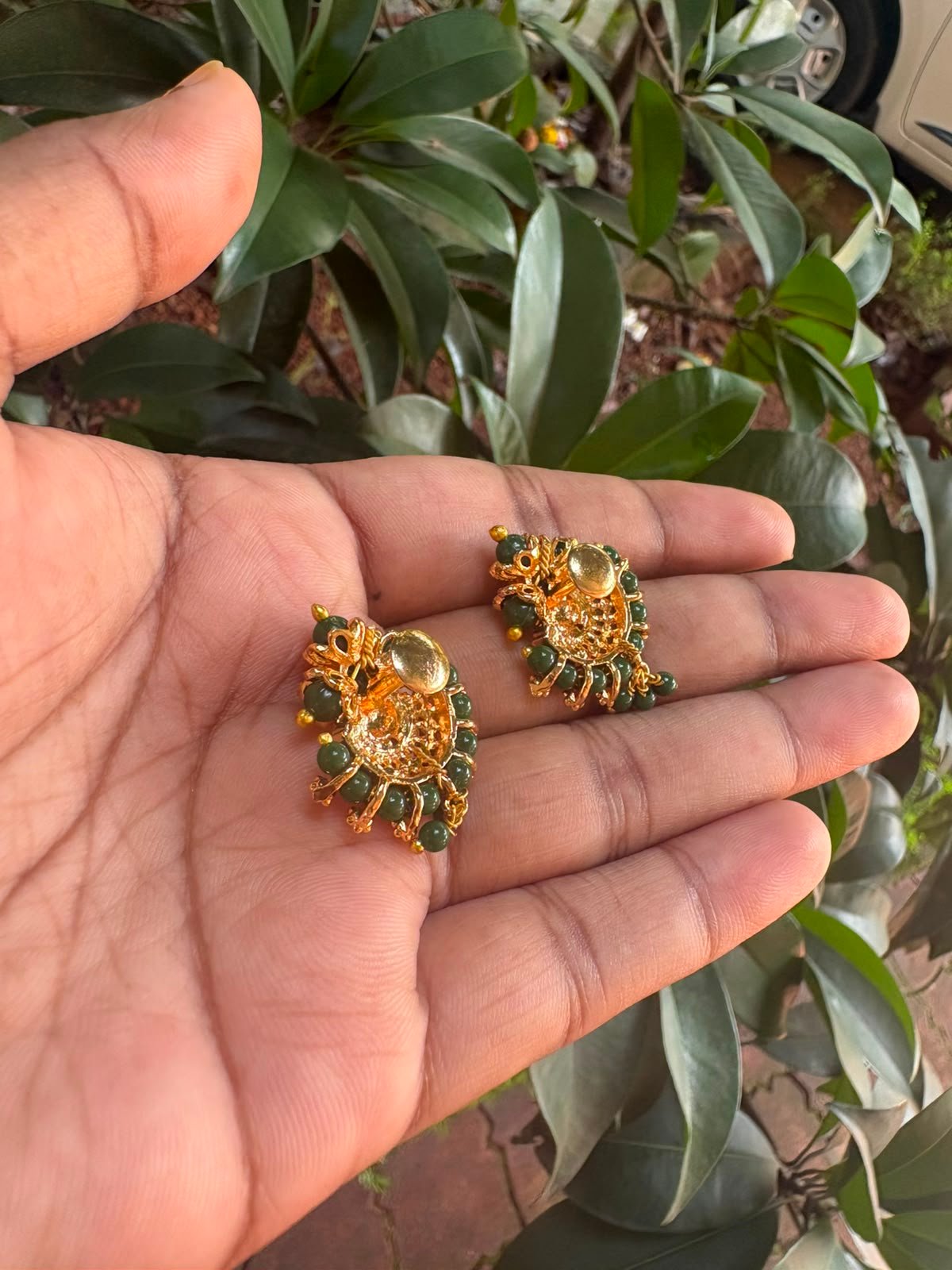 One Gram Gold Plated Green Beads(Jeda)Stud Earrings