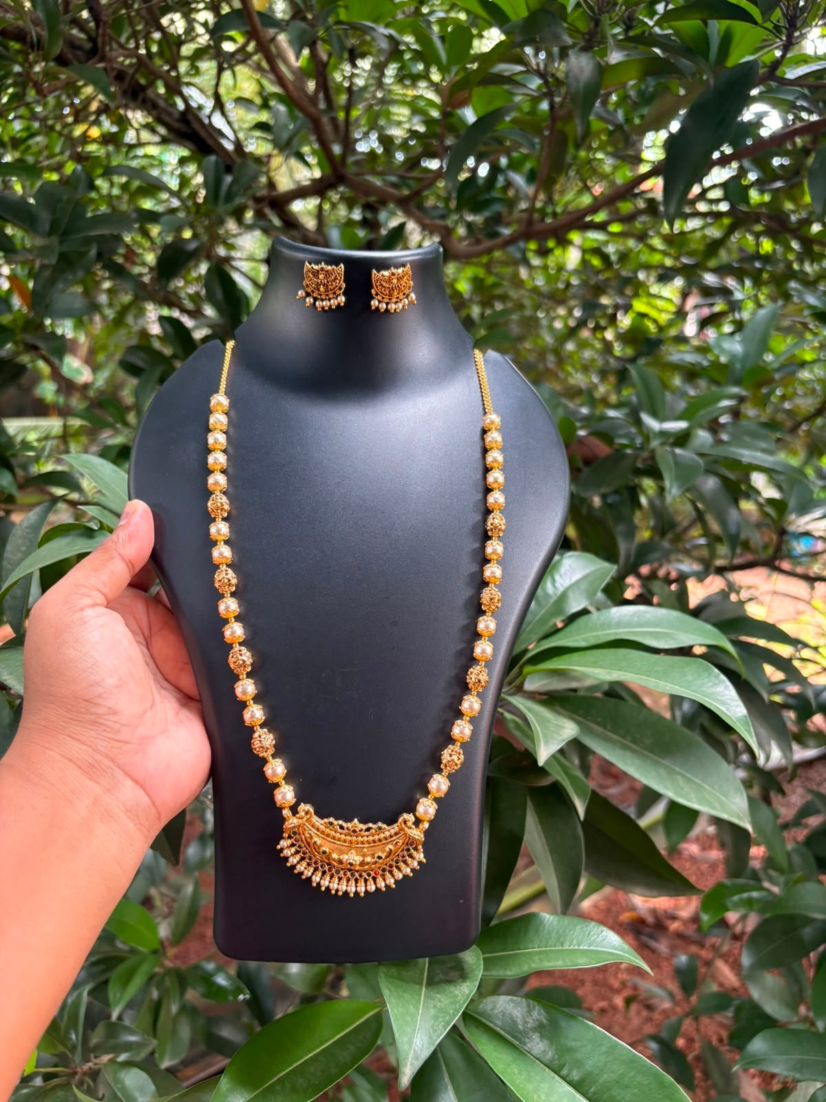 Swarovski Pearl & Nakshi Ball Pearl Chain Set with Matching Earrings | One Gram Gold Finish