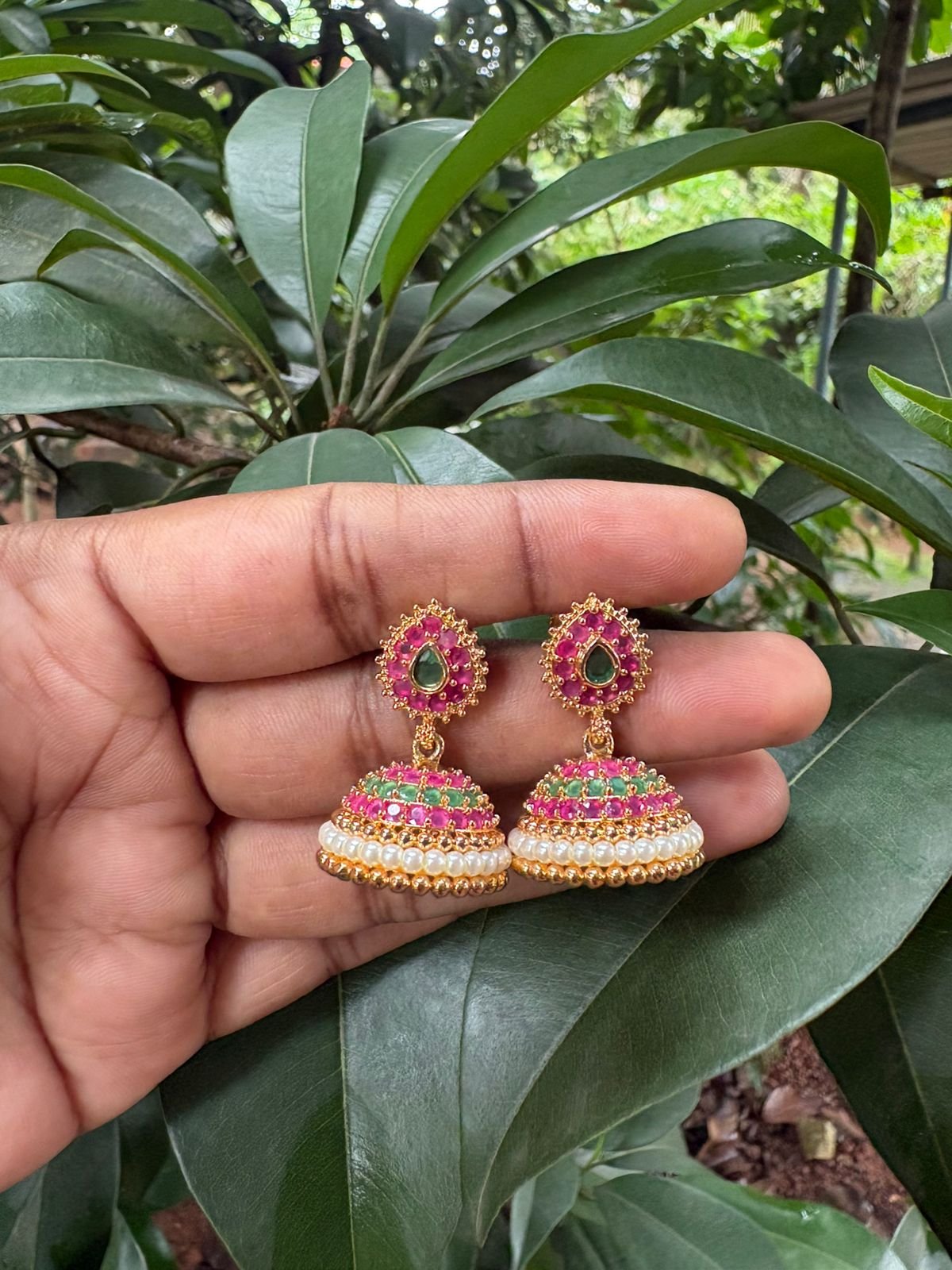 Ruby, Emerald Green & Pearl Jhumka Earrings | One Gram Gold Finish