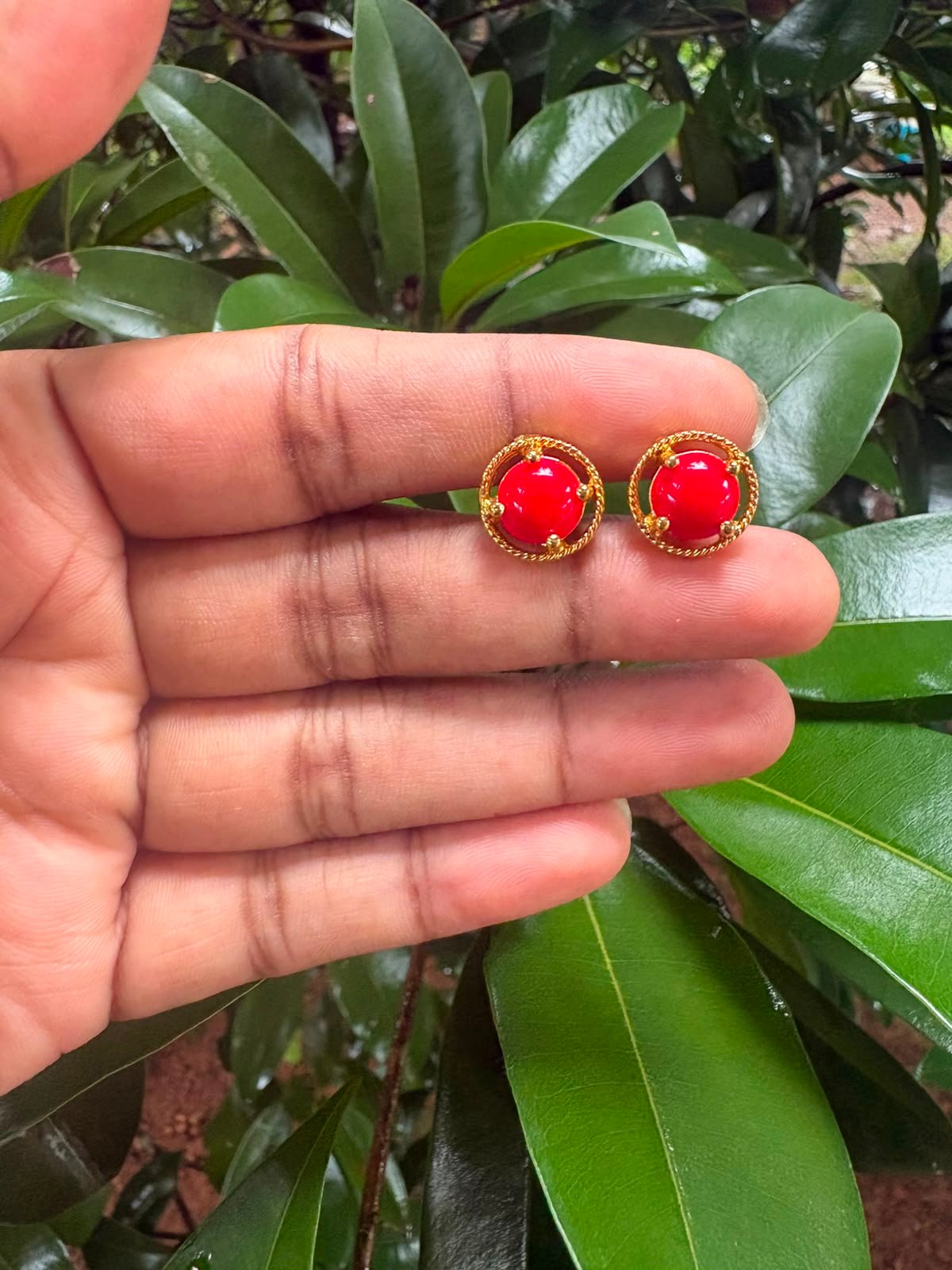 Elegant Coral Stone Stud Earrings | One Gram Gold Finish