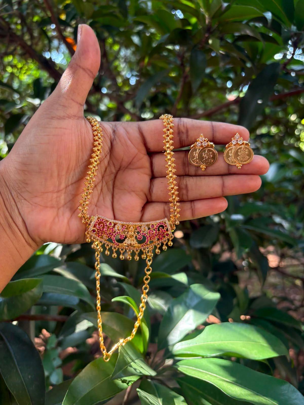 24-Inch Ruby & White Stone Lakshmi Pendant Chain Set with Matching Double Kasu White Stone Studs | One Gram Gold Finish