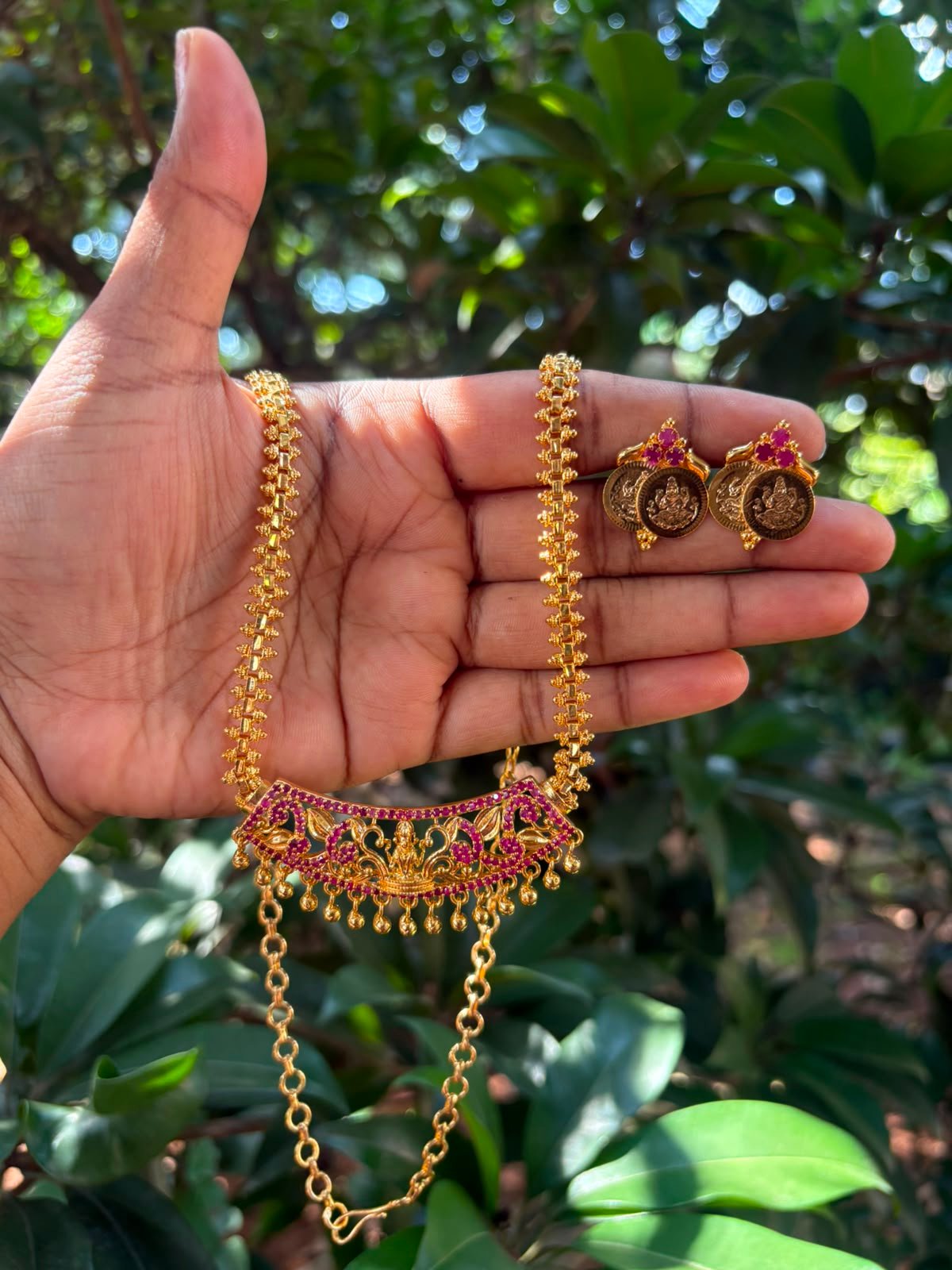 24-Inch Ruby Stone Lakshmi Pendant Chain Set with Matching Double Kasu Studs | One Gram Gold Finish