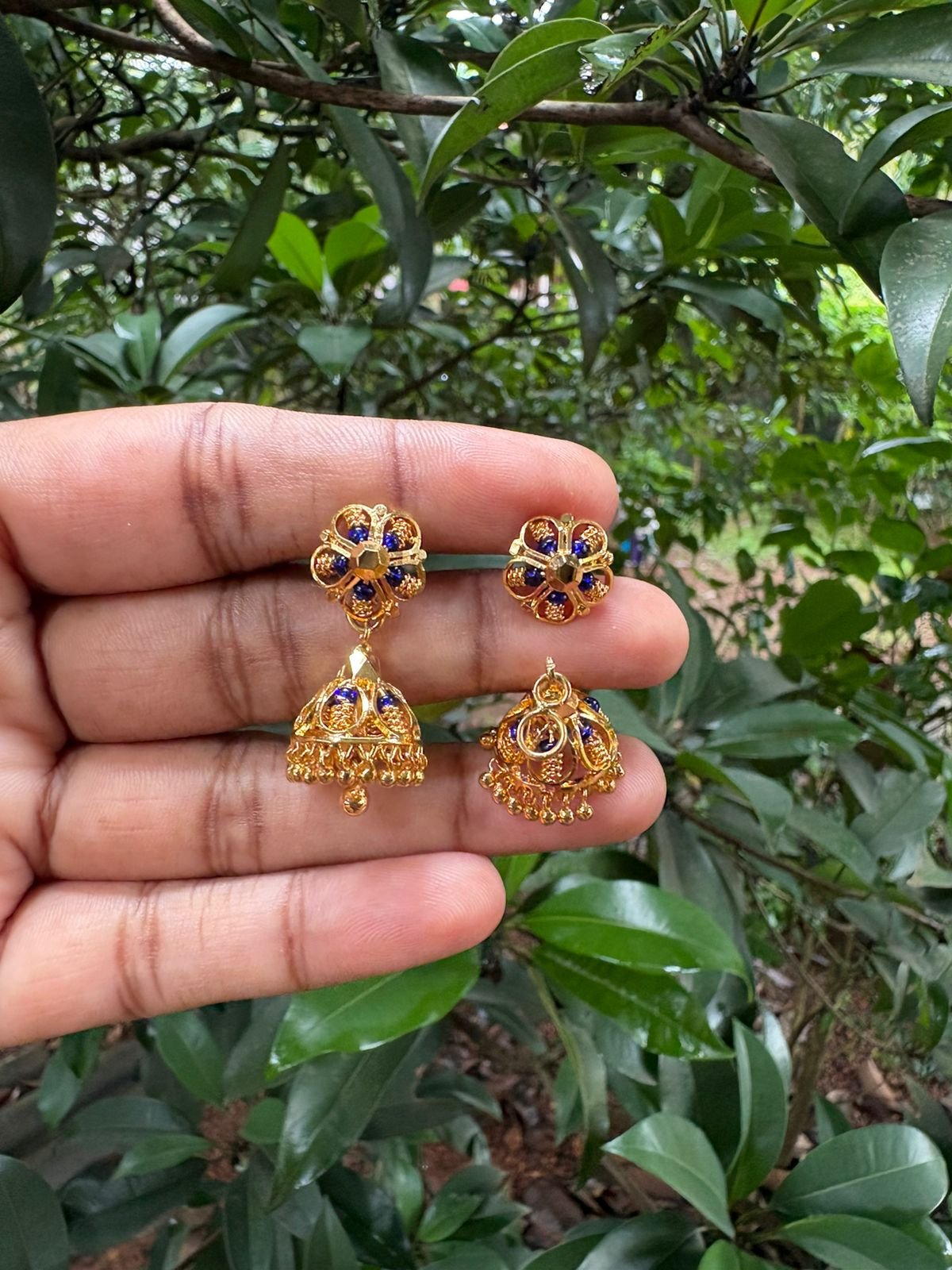 Blue Stone Detachable Golden Jhumka Earrings | One Gram Gold Finish