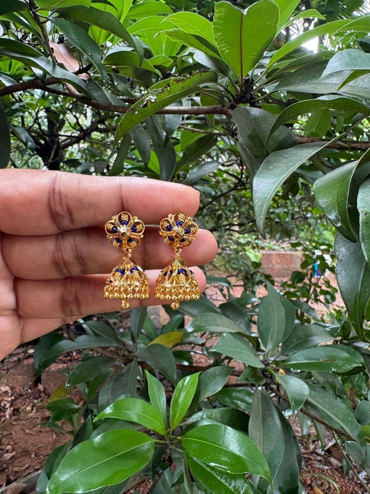 Blue Stone Detachable Golden Jhumka Earrings | One Gram Gold Finish