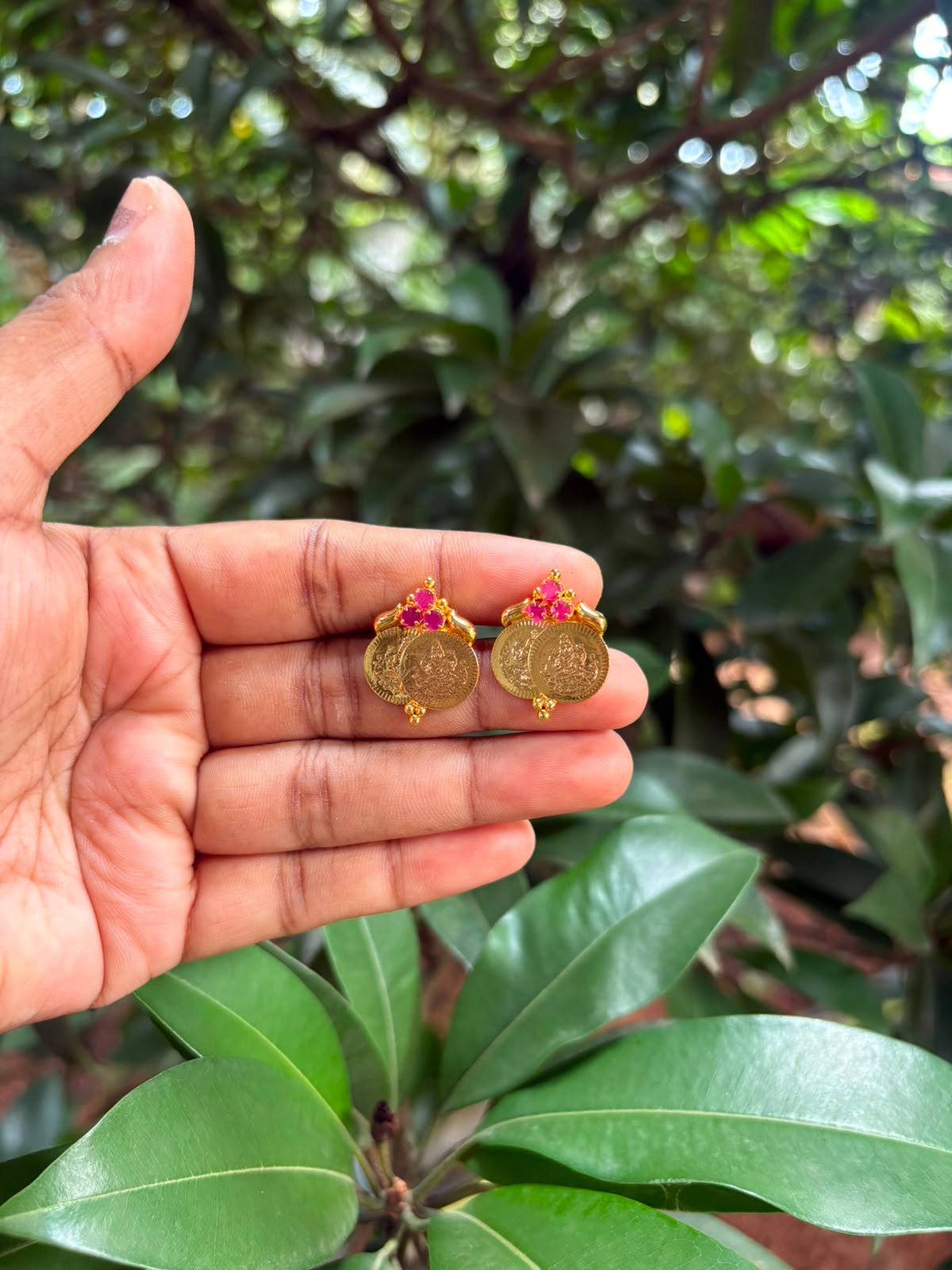 Double Kasu Ruby Stone Stud Earrings | One Gram Gold Finish