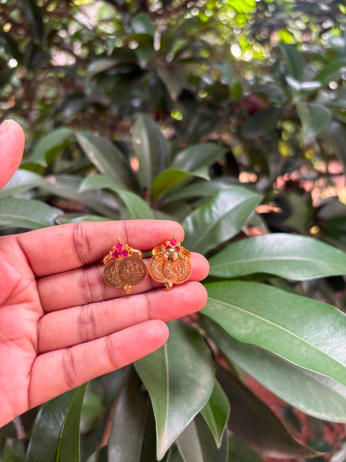 Double Kasu Ruby Stone Stud Earrings | One Gram Gold Finish