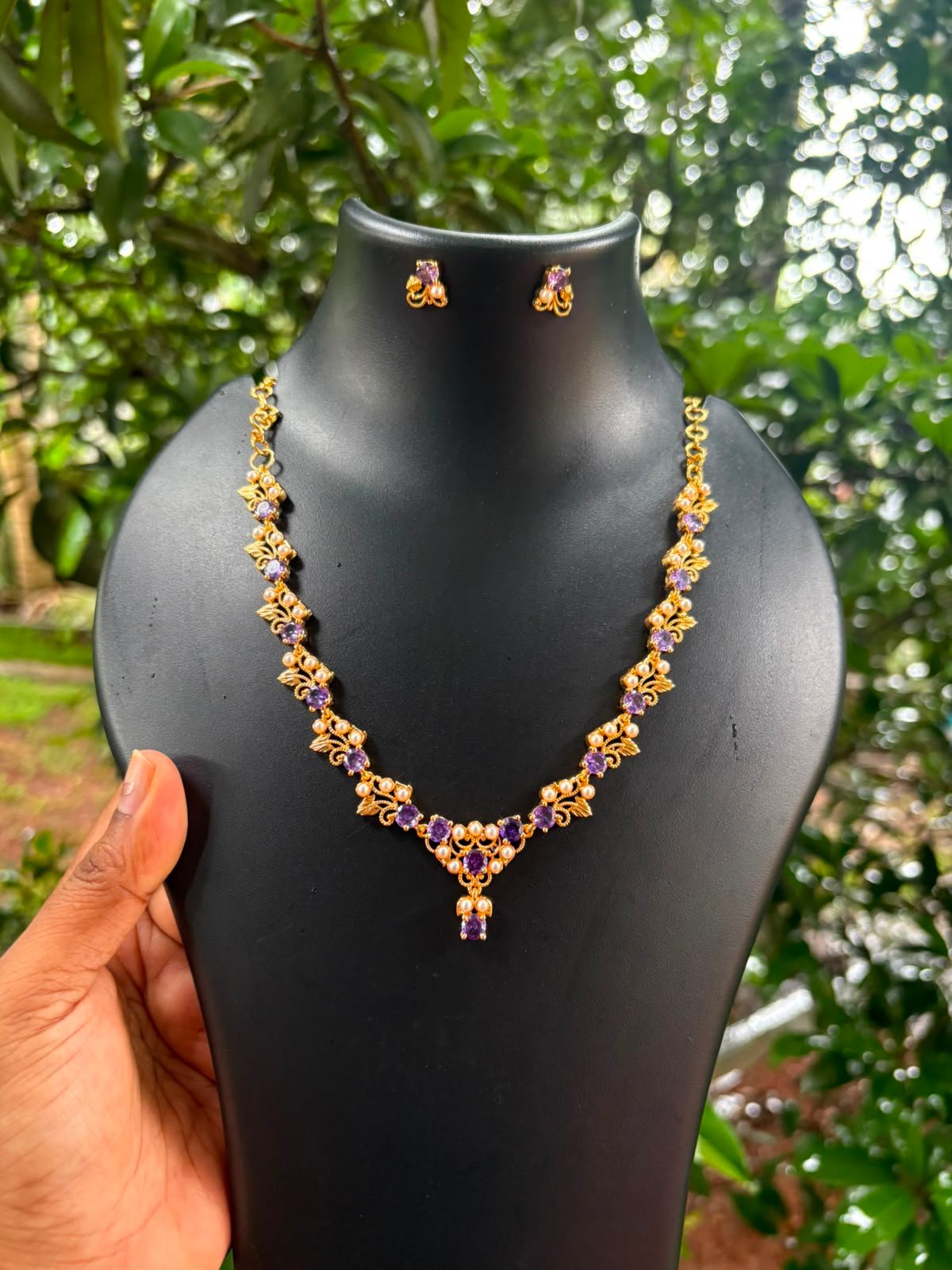 Premium quality one gram gold lavender stone and necklace set