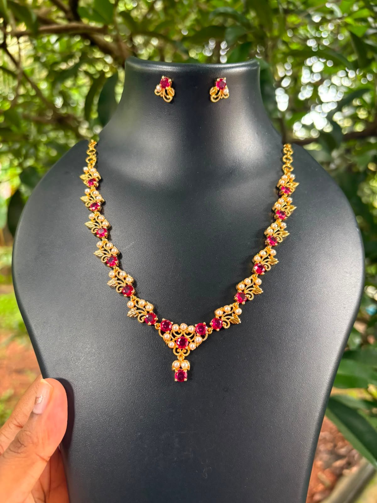 Premium quality one gram gold ruby stone and necklace set