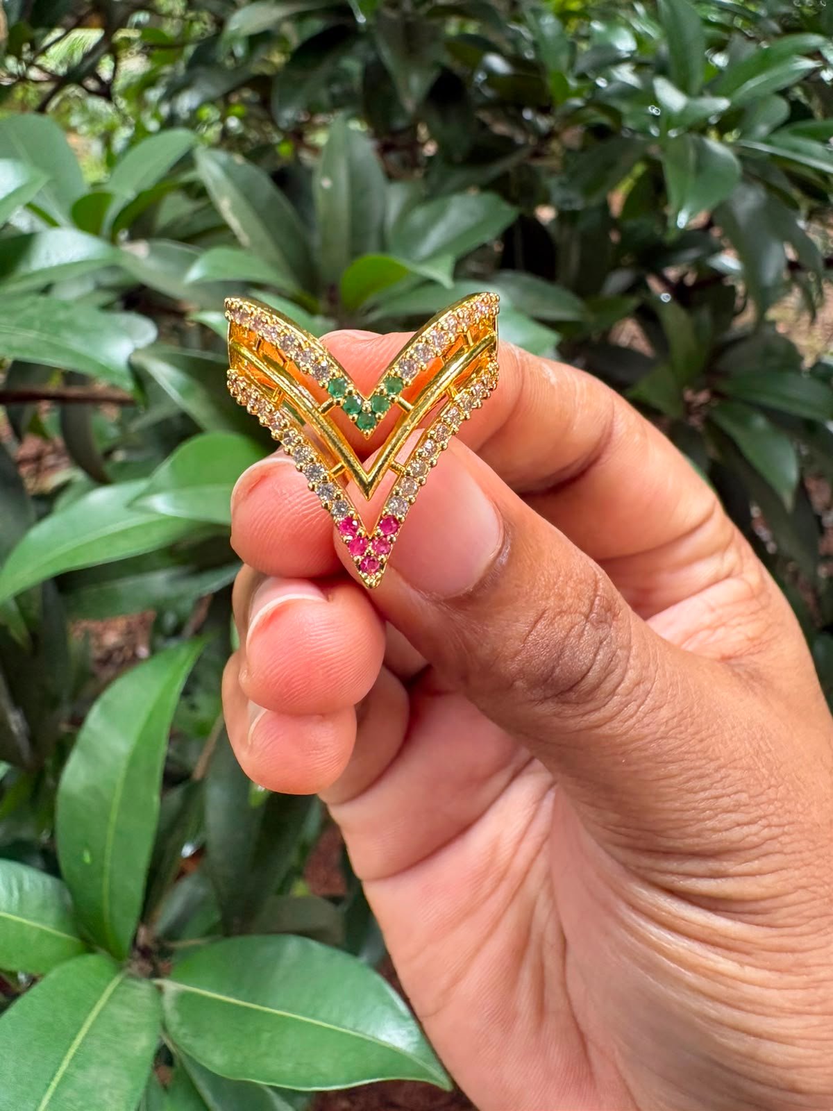 Double Layer Multi-Colour Stone Vanki Ring – White, Pink & Green | Gold Plated Adjustable Ring