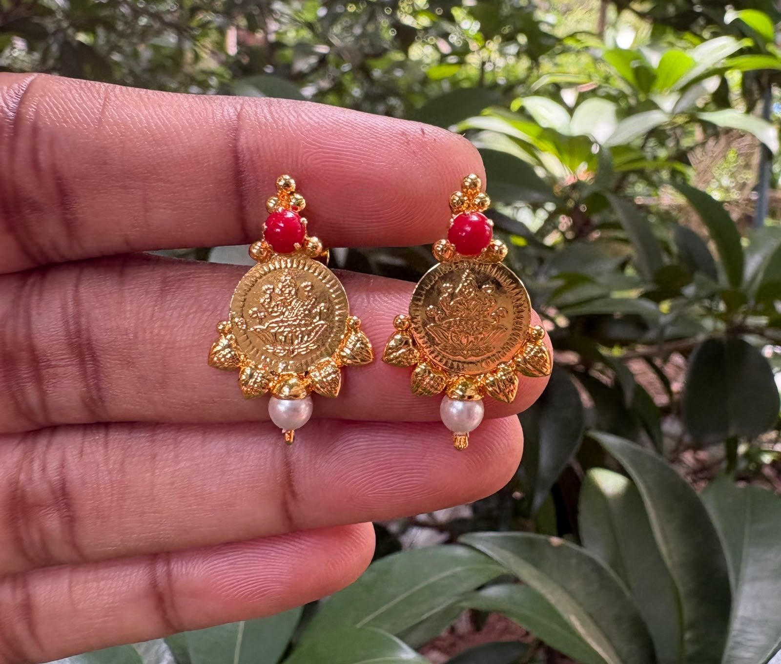 Laxmi Kasu Stud Earrings with Pearl & Coral Combination | One Gram Gold Finish
