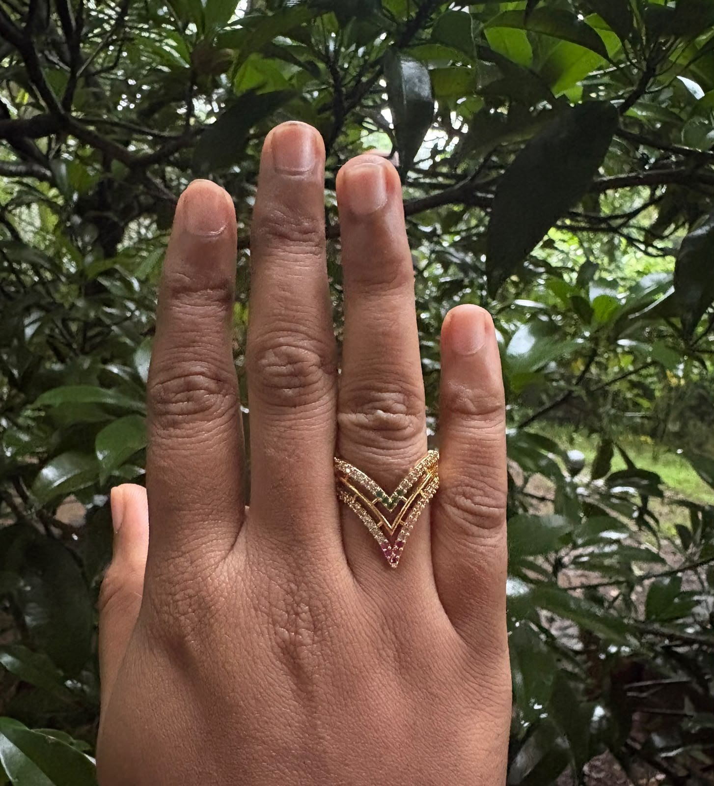 Double Layer Multi-Colour Stone Vanki Ring – White, Pink & Green | Gold Plated Adjustable Ring
