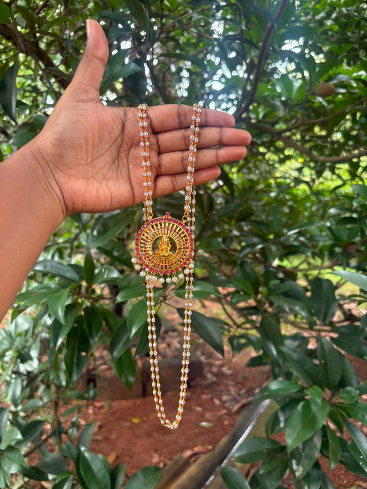32" Pearl Chain with Big Ruby Laxmi Pendant
