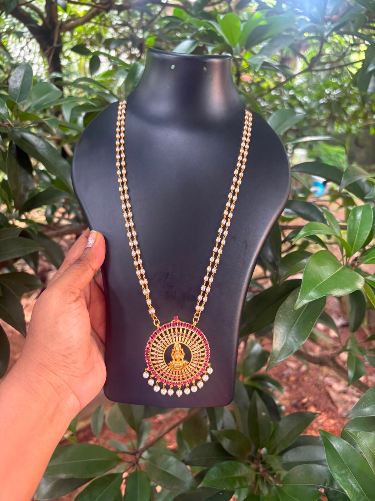 32" Pearl Chain with Big Ruby Laxmi Pendant