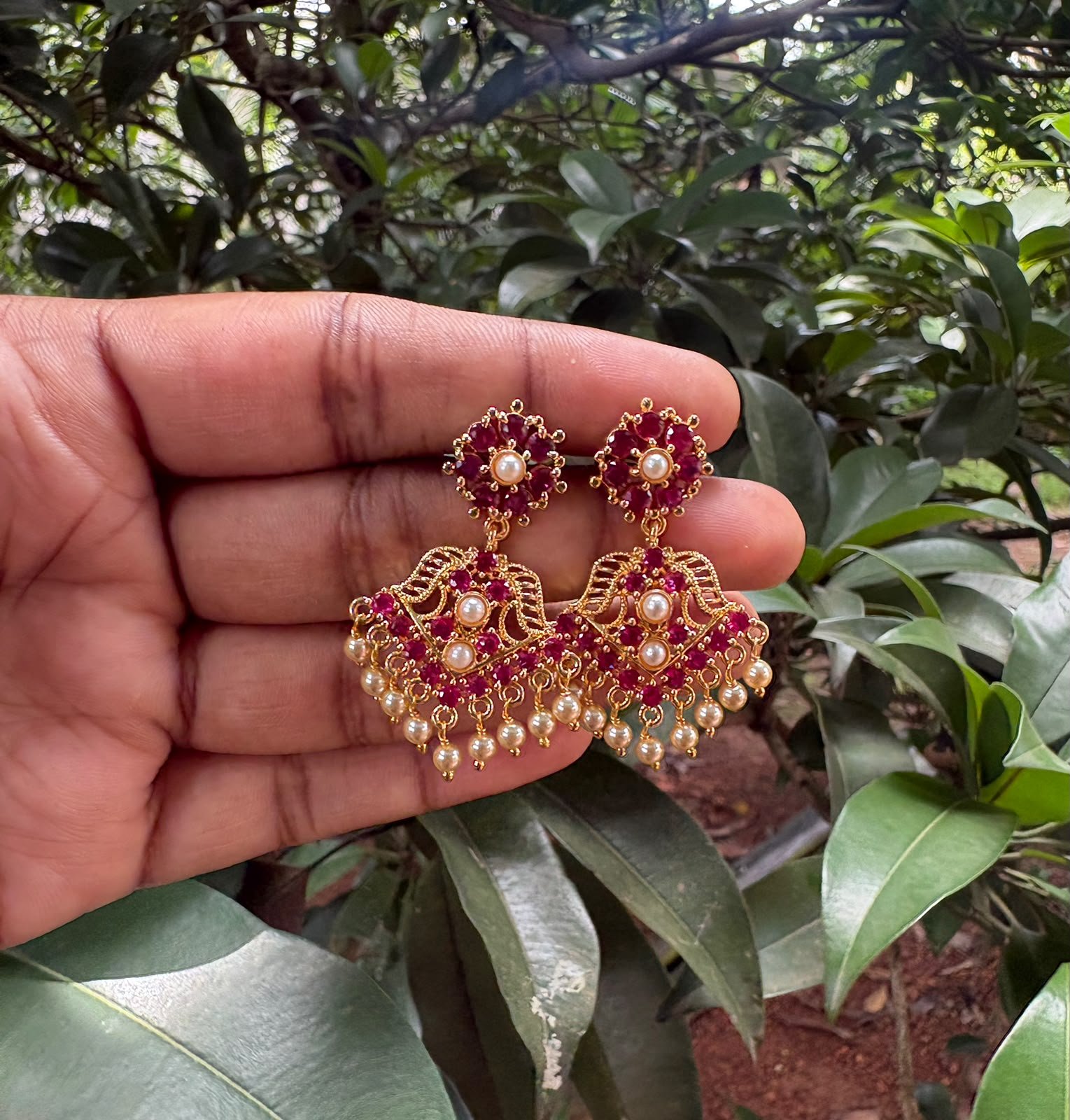 Ruby Jumka with Pearl Hangings