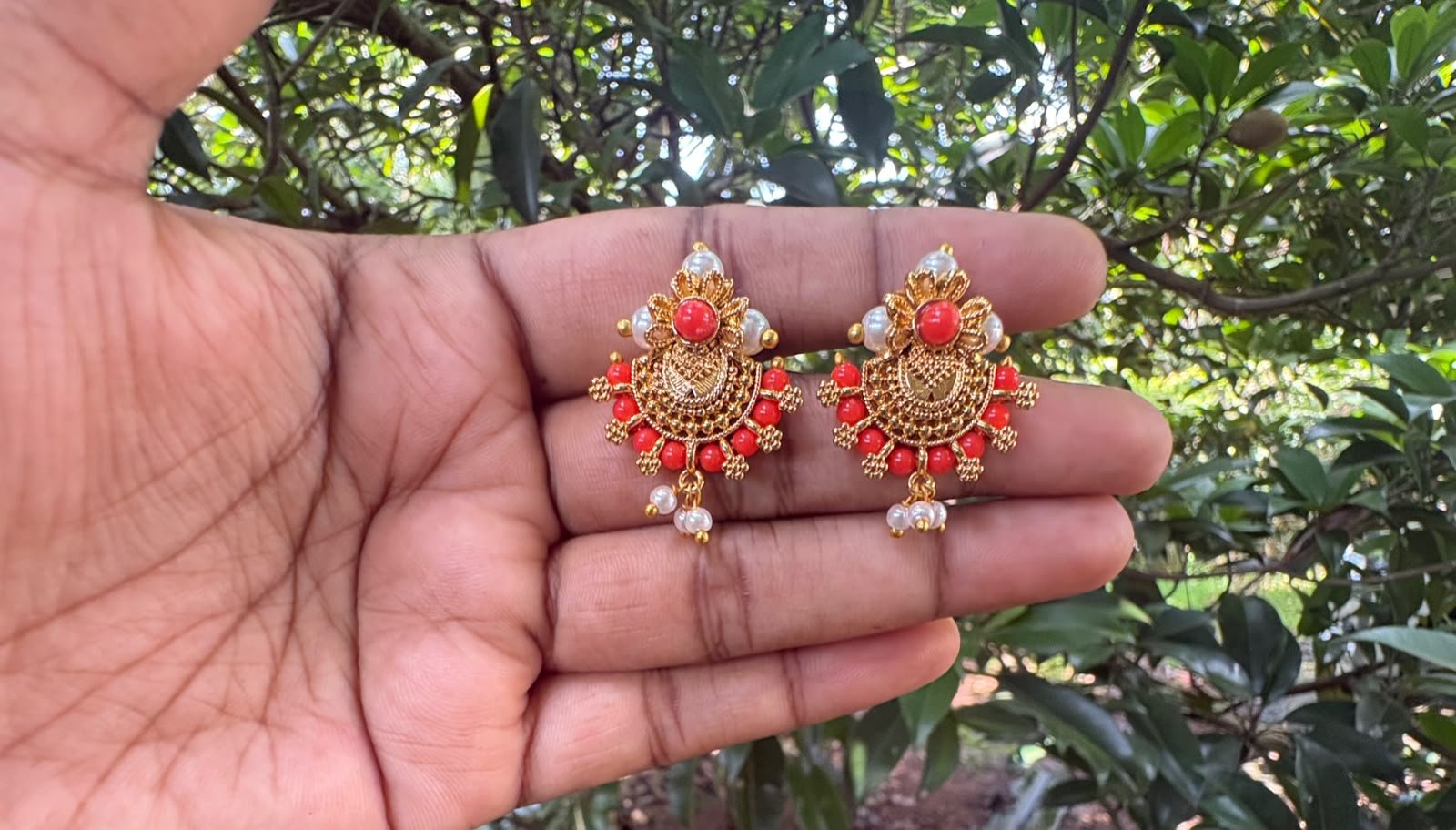 Coral & Pearl Combination Stud Earrings