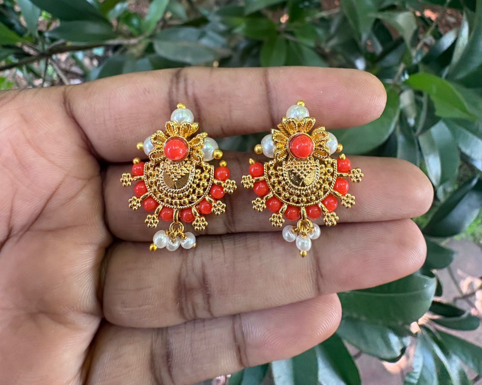 Coral & Pearl Combination Stud Earrings