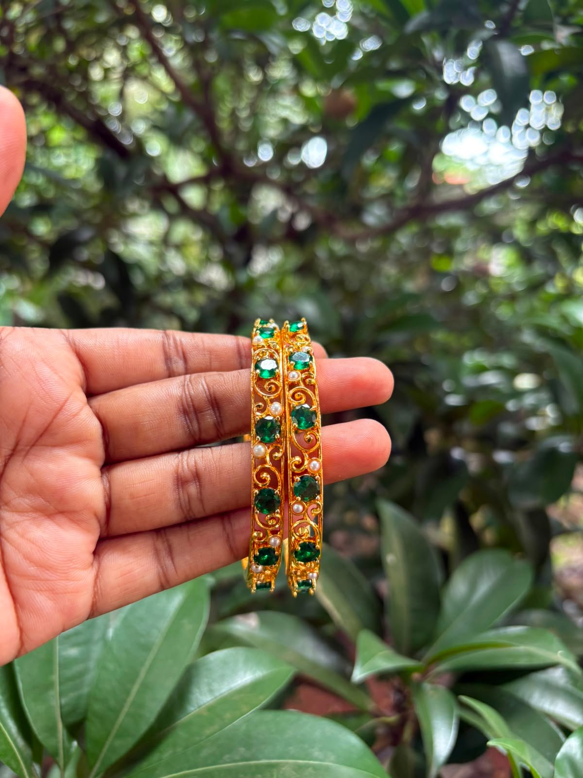 Trending Green Stone Bangle with Pearl