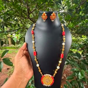Coral & Pearl Hara with Lakshmi Pendant & Matching Earrings-32inch