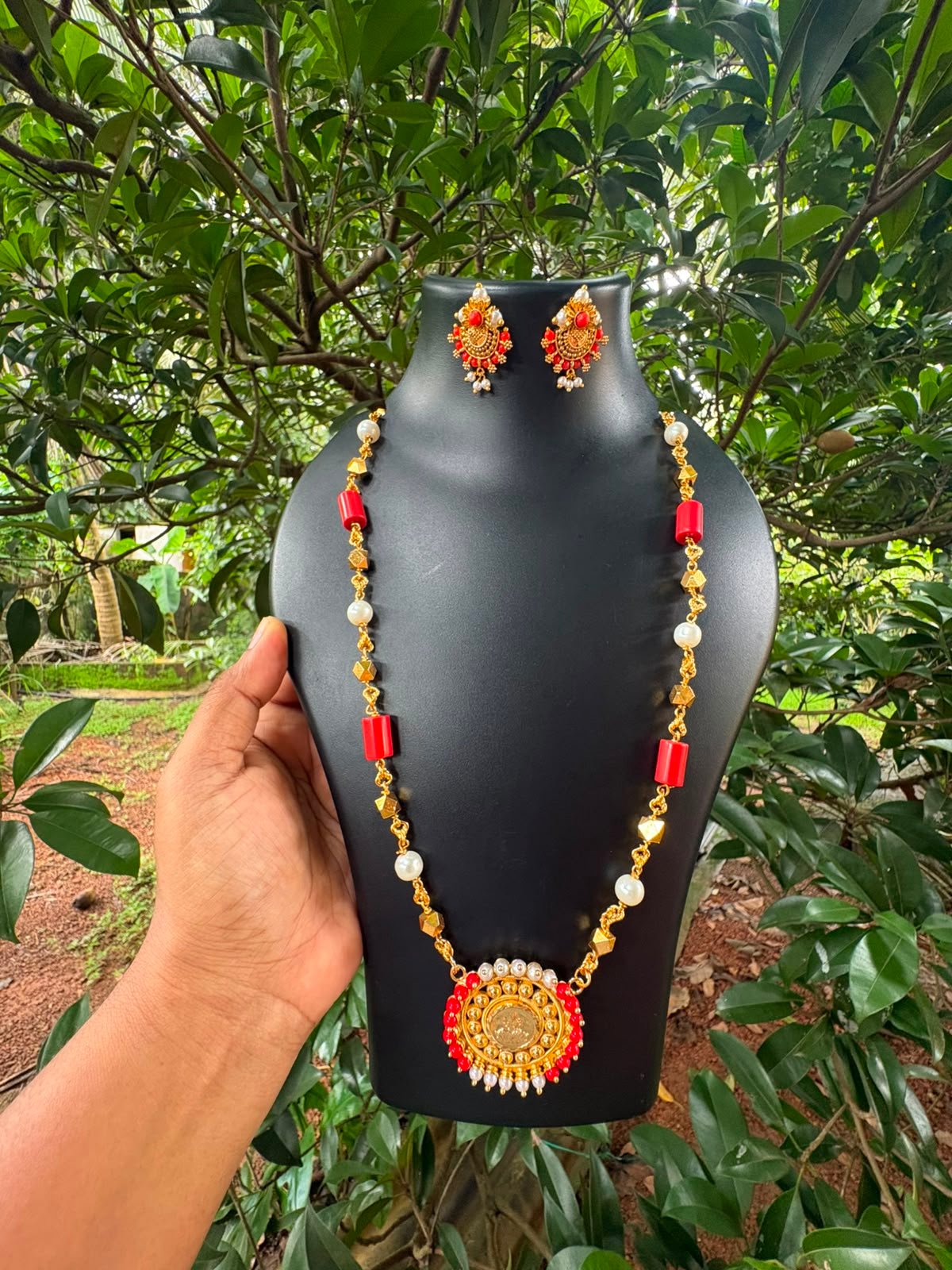 Coral & Pearl Hara with Lakshmi Pendant & Matching Earrings-32inch