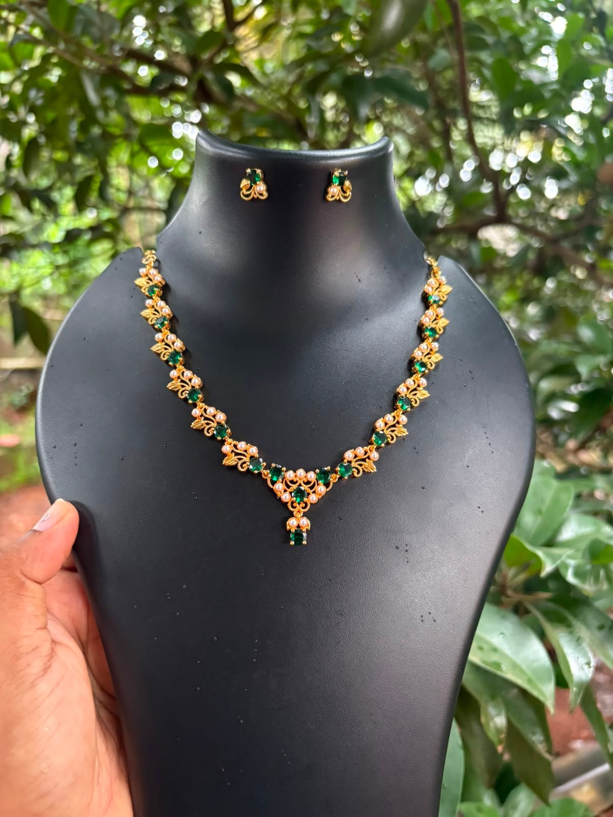 Premium quality one gram gold Emerald and pearl necklace set