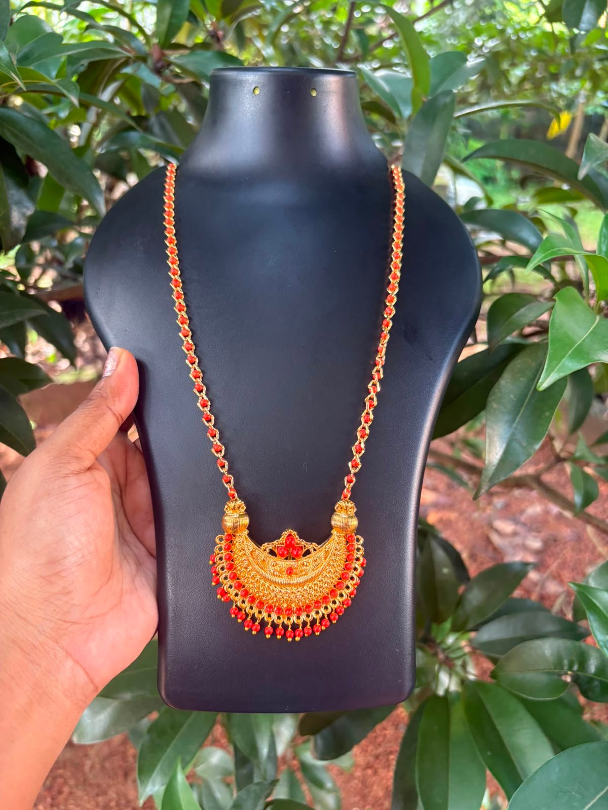 Orange Coral Long Chain with Pendant | 32 Inch Traditional Jewellery