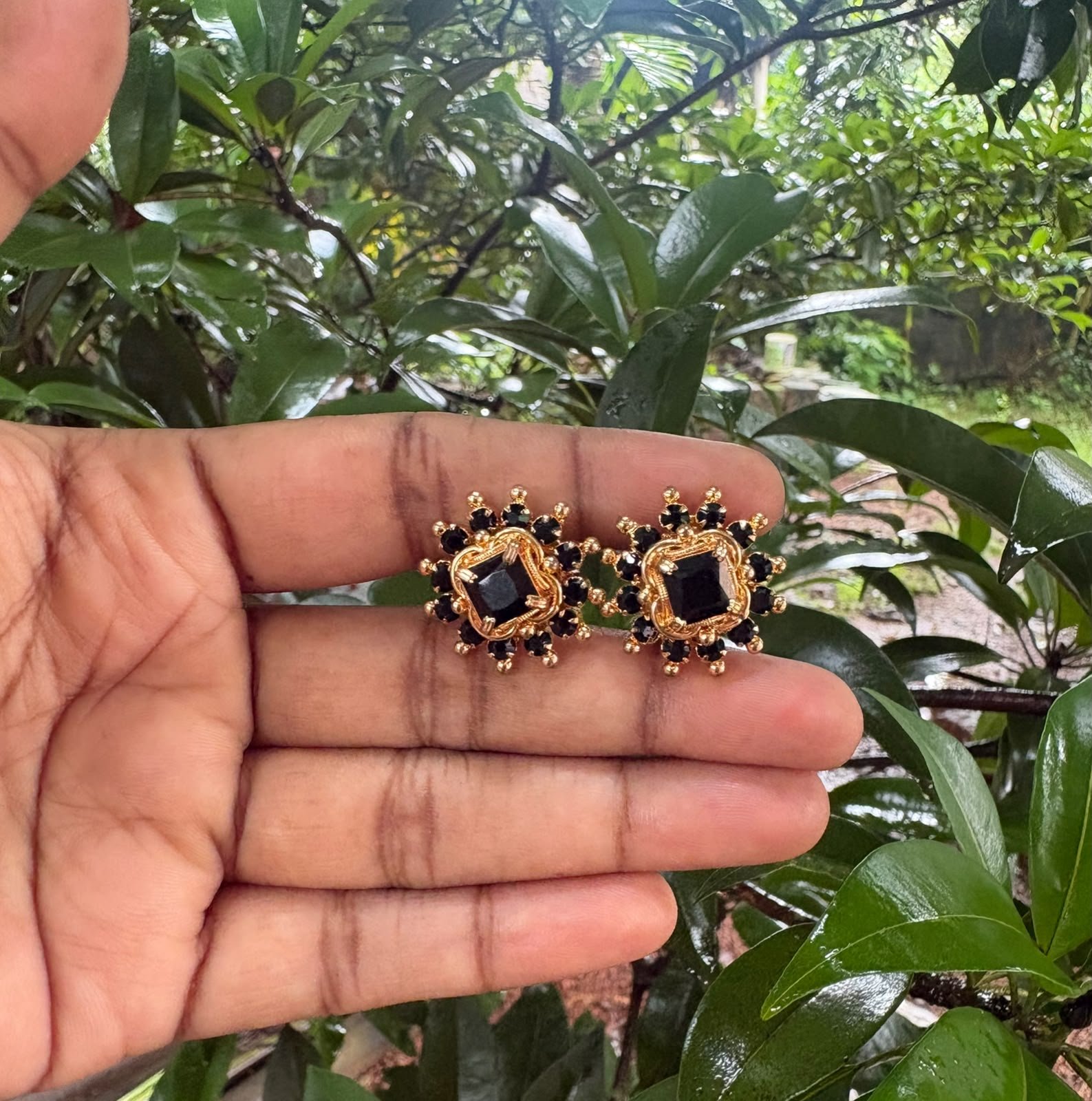 Premium quality one gram gold 2 in 1 black stone stud