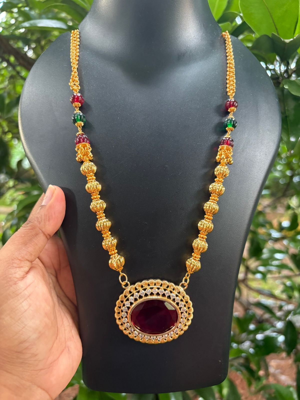 Elegant Beads Chain with Big Statement Stone Pendant
