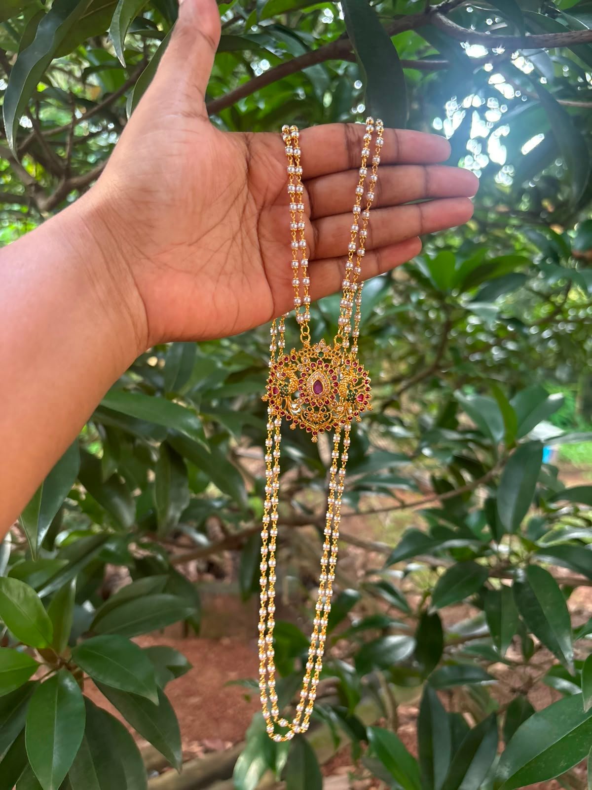 32" Pearl Chain with Double-Sided Peacock Stone Pendant
