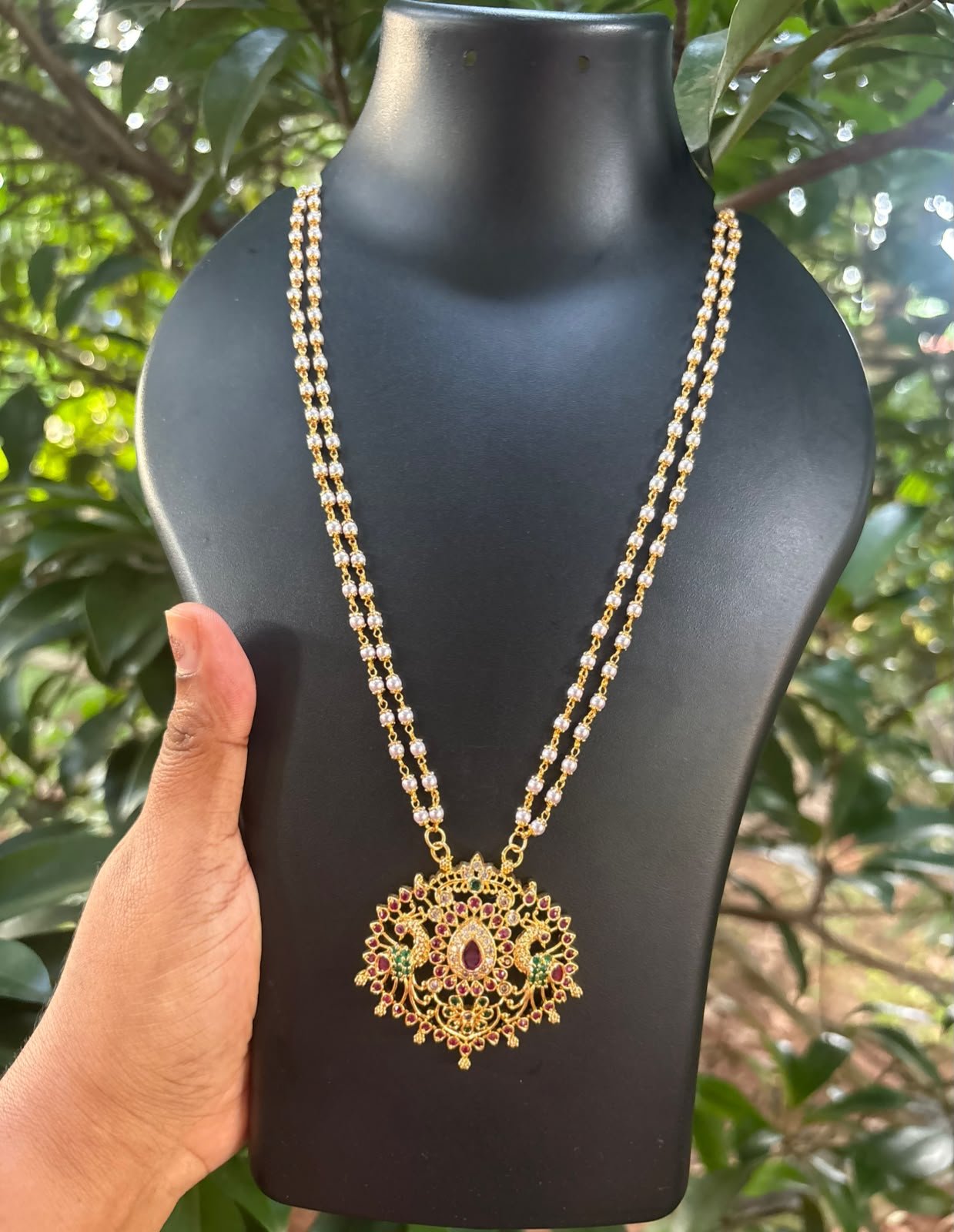 32" Pearl Chain with Double-Sided Peacock Stone Pendant