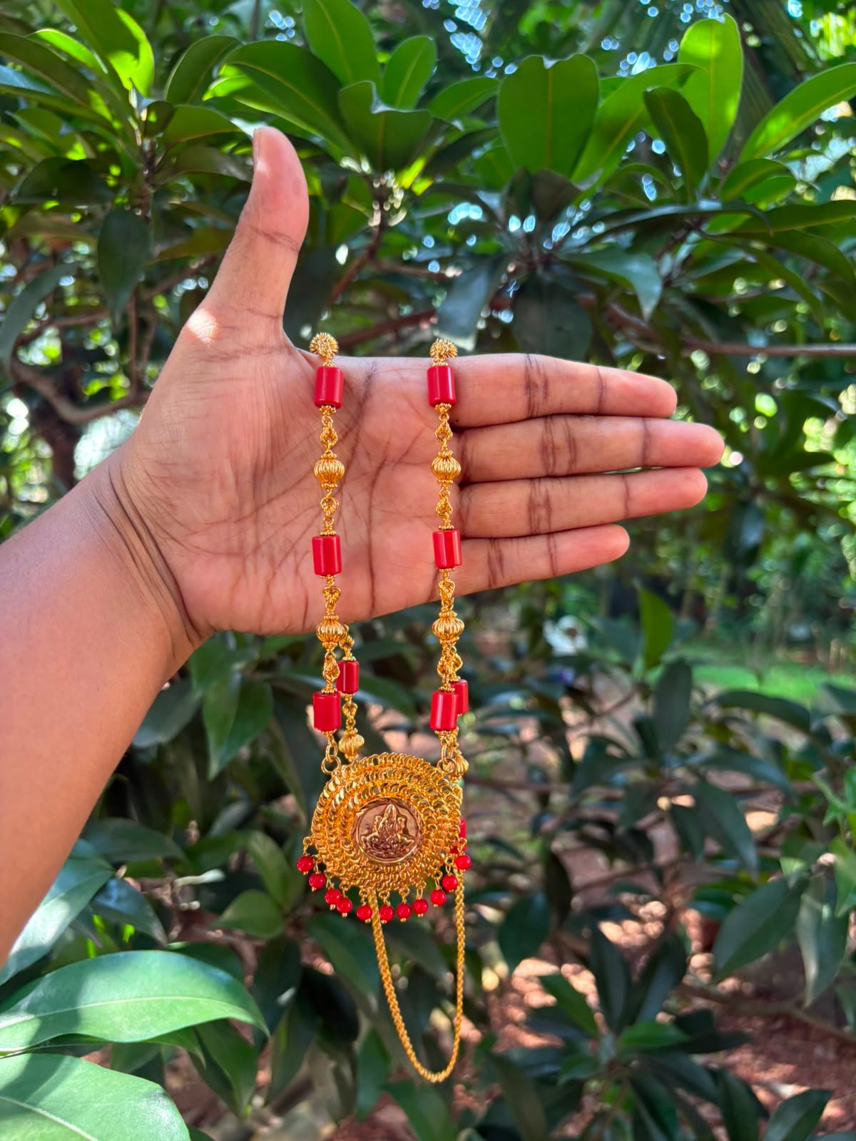 Coral Chain with Laxmi Pendant | 32 Inch Traditional Necklace