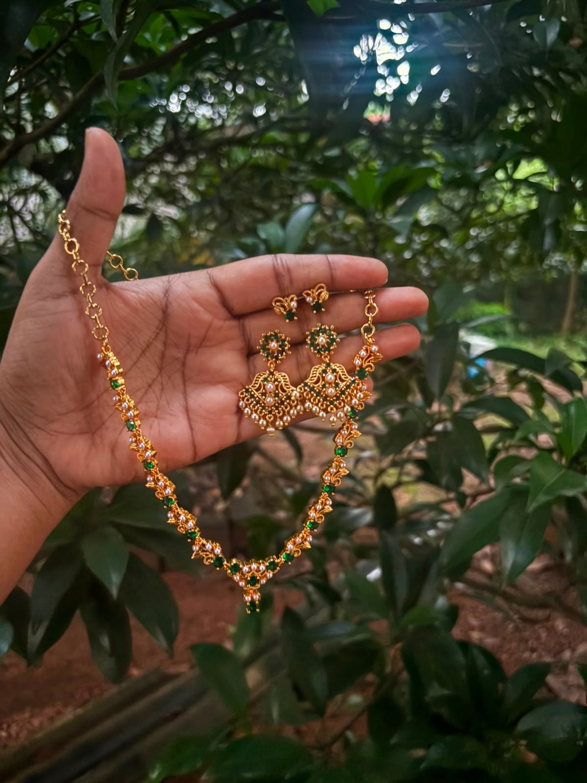 Green Stone Necklace Set with Matching Jumka | Elegant Traditional Jewellery Combo Set