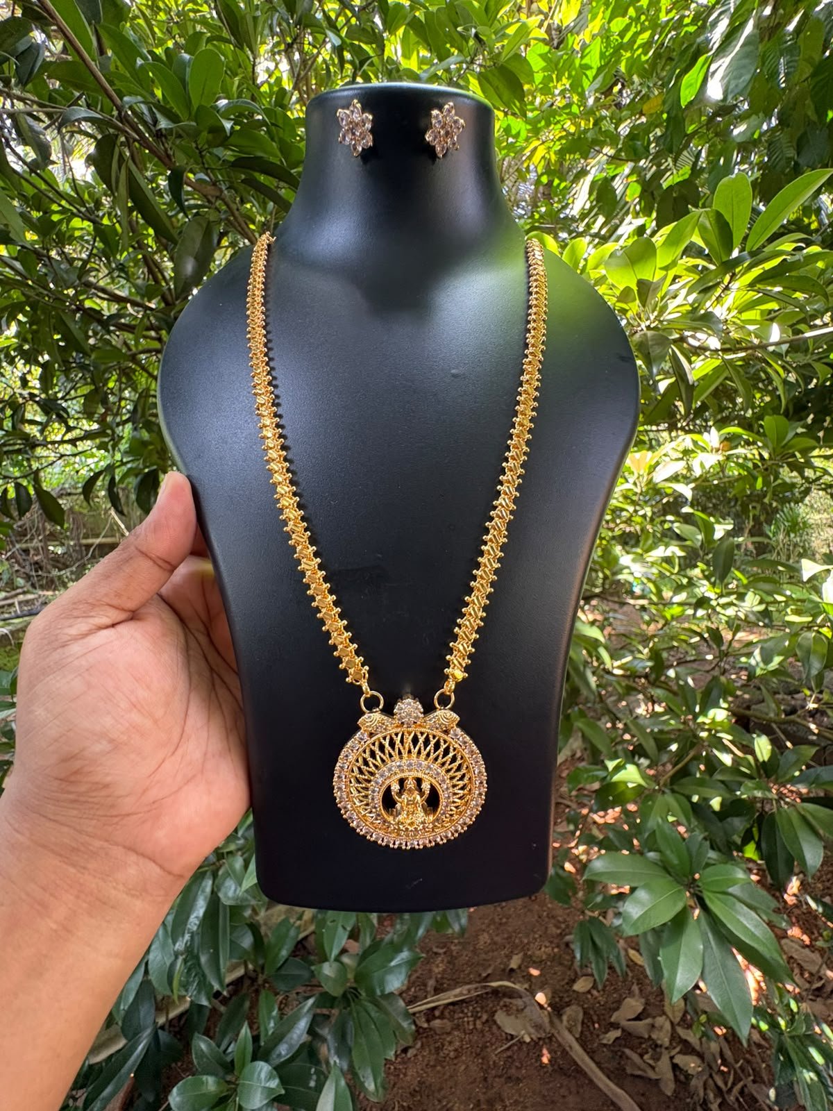 White Stone Laxmi Pendant Chain Set with Matching Stud Earrings | Traditional Jewellery Set