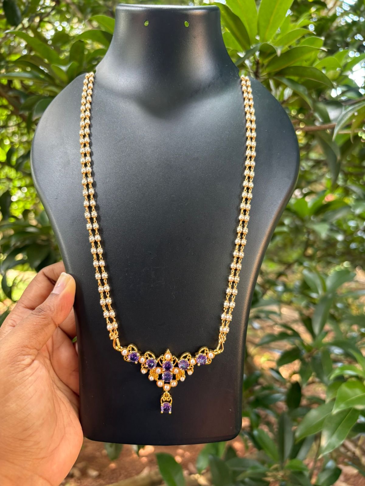 Pearl Chain with Lavender Pearl Stone Pendant | Trending Elegant Jewellery Necklace for Women