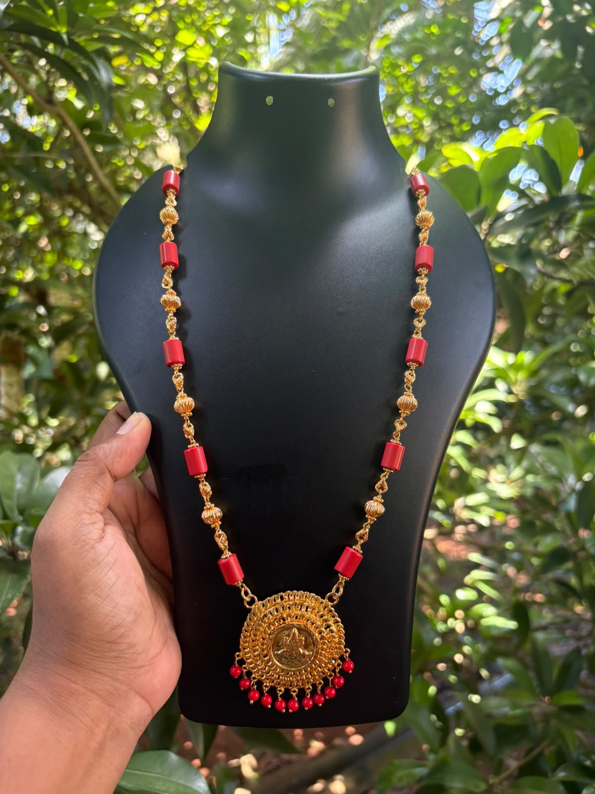 Coral Chain with Laxmi Pendant | 32 Inch Traditional Necklace