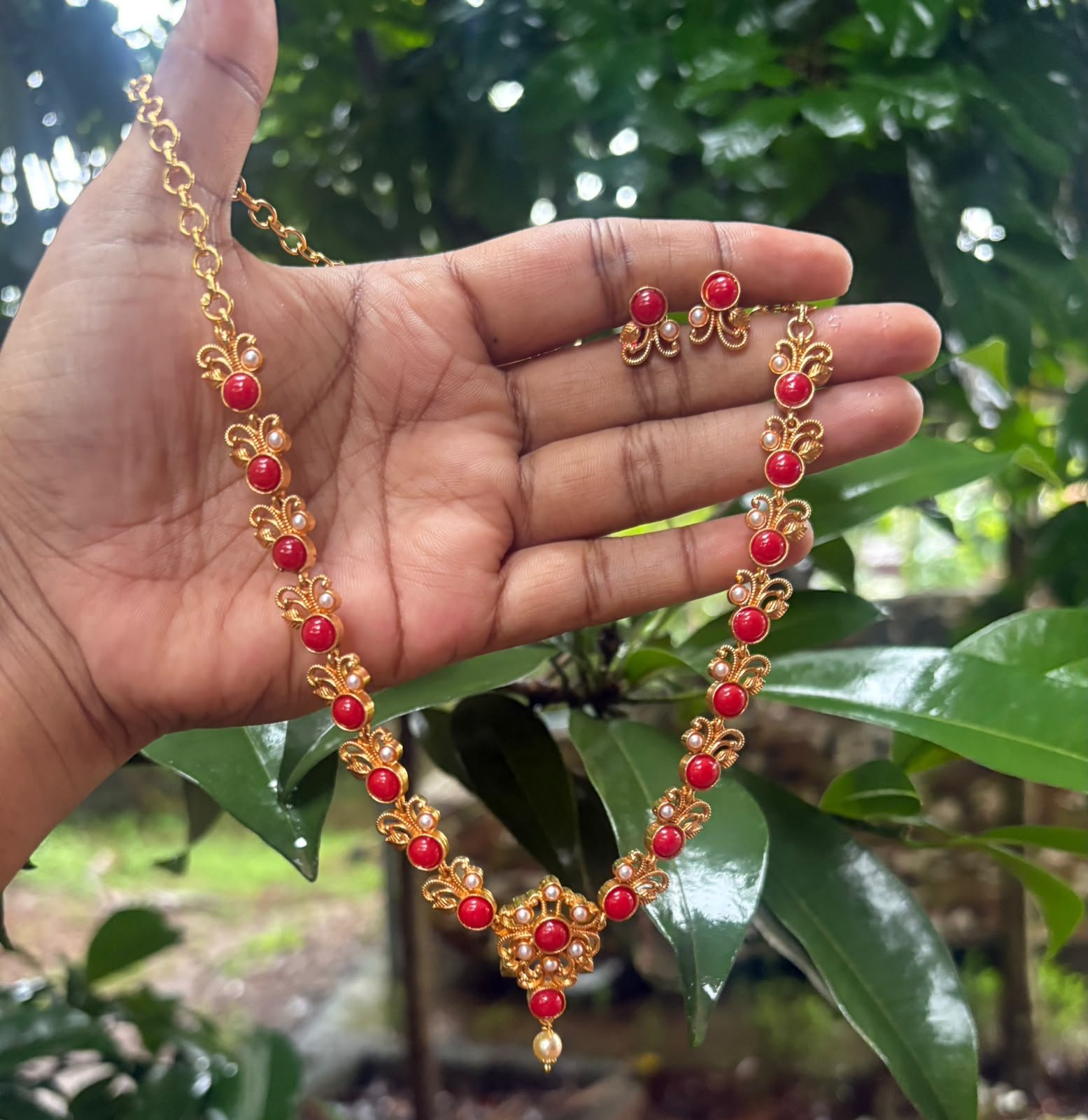 Taiwan Coral Necklace Set with Matching Earrings | NK Boutique