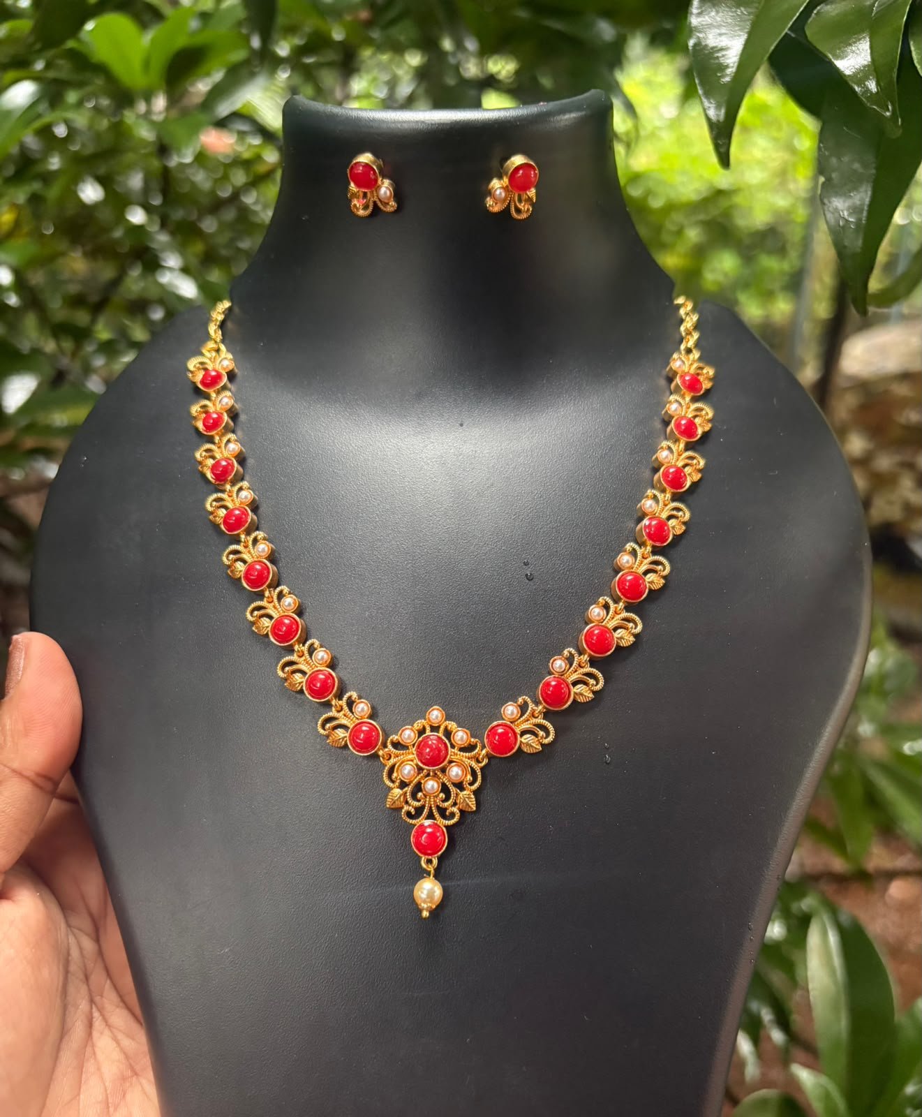 Taiwan Coral Necklace Set with Matching Earrings | NK Boutique